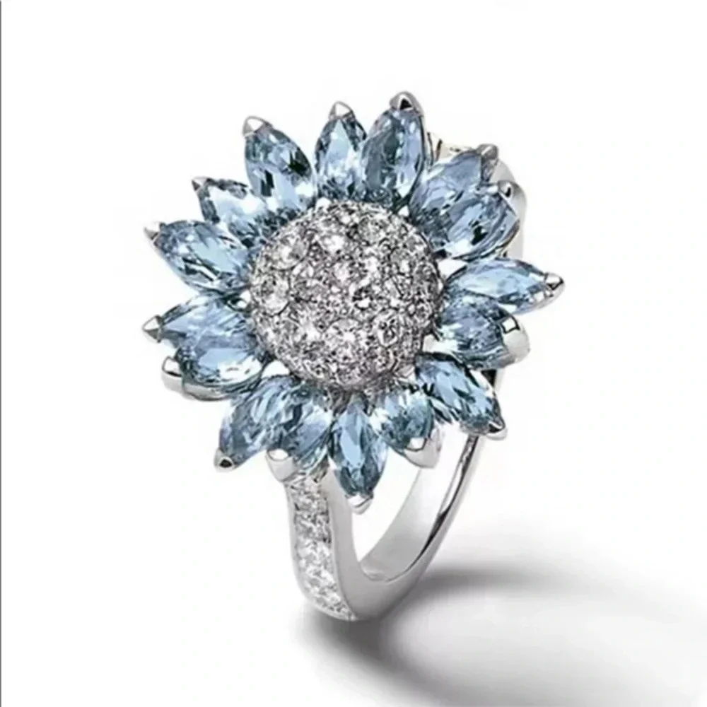 Blue Marquise CZ Flower Statement Ring Silver Tone Cocktail Floral Ring NWT Vari